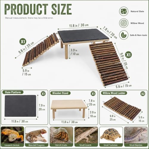 Large Reptile Basking Platform with Slate Top and 2 Willow Wood Ladders, 11.8 x 7.9 in Raised Climbing Ramp for Bearded Dragons, Leopard Geckos, Lizards, Tortoises, Toads and Terrariums