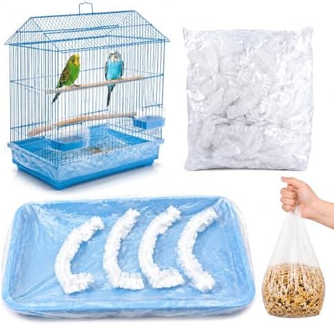 50 Pack Disposable Bird Cage Liners, Clear Plastic Cage Tray Liner Bags, Elastic Edge Disposable Liners for Parrots, Canaries, Cockatiels and Small Animals, 24 x 16 Inches