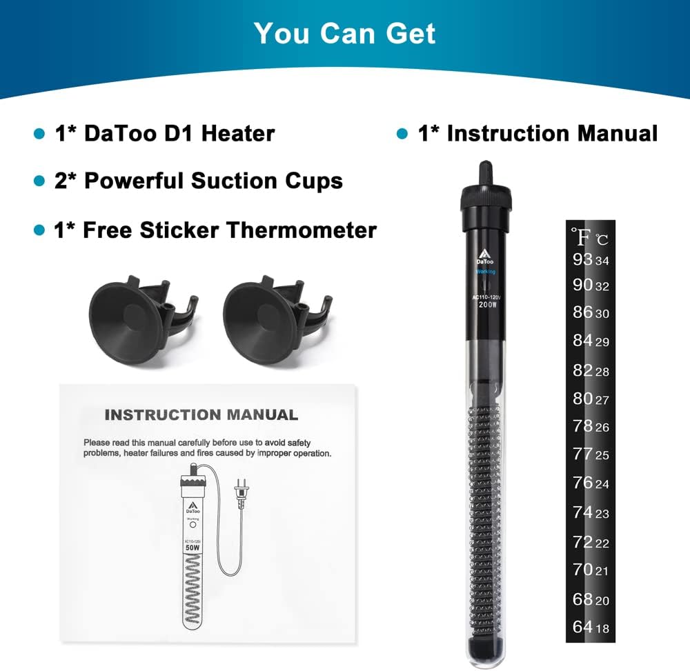 DaToo Aquarium Heater Adjustable 200W Submersible Fish Tank Heater with Electronic Chip Thermostat Suitable for Marine Saltwater and Freshwater