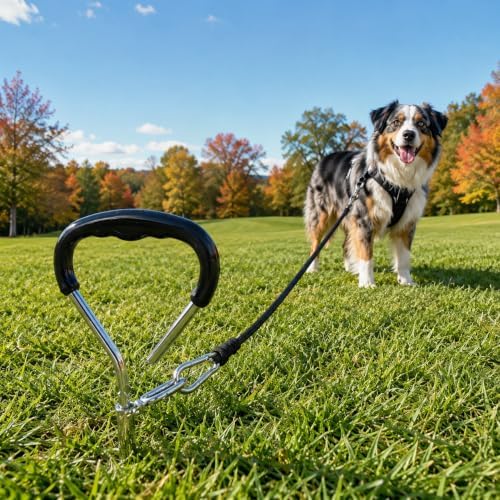 16-Inch Heavy-Duty Dog Tie-Out Stake – 9mm Solid Steel Spiral Dog Anchor with 360° Tangle-Free Ring & Soft-Grip Handle – Easy-to-Install Ground Stake for Yard, Camping & Outdoor Use