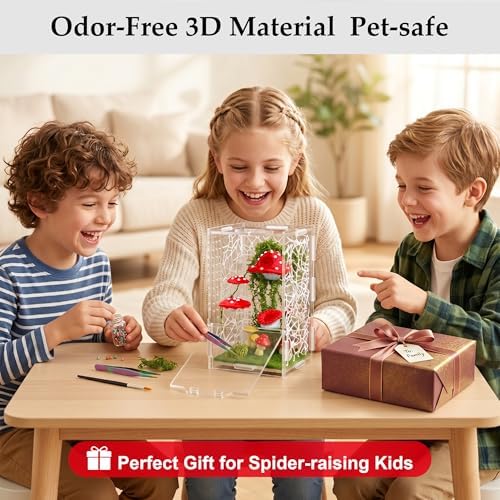Jumping Spider Enclosure, Clear Acrylic Escape-Proof Terrarium with Micro Vents & Front Opening + 6 Pcs Magnetic Mushroom Styling Platform Accessories for Jumping Spiders, Tarantulas & Mantis