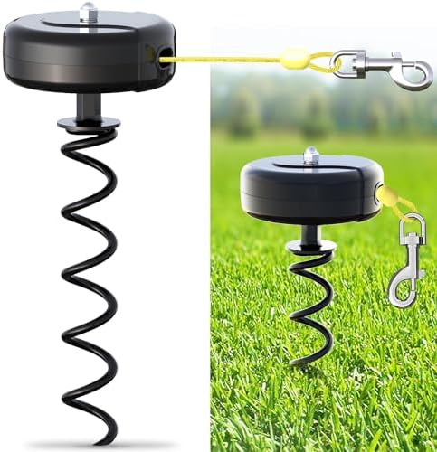 Dog Tie Out Cable and Stake 360° No Tangle Heavy Spiral Yard Stake and Retractable Dog Leash for Dogs Up to 10-90 lbs, 30ft Dog Chain for Outside Yard Camping Park (Black)
