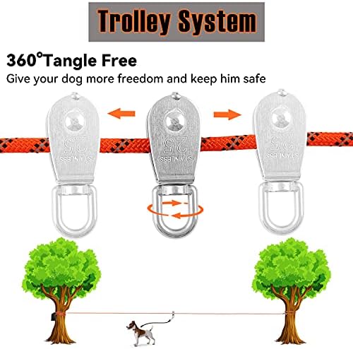 Dog Tie Out Cable for Camping - 50 feet Heavy Duty Overhead Trolley System and Dog Rope Buffer Leash for Dogs up to 200lbs, Portable Reflective Dog Lead Line for Yard, Park and Outdoor