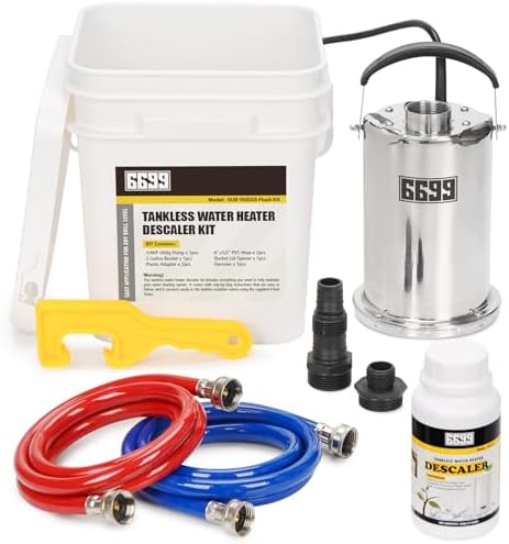 Tankless Water Heater Flushing Kit Includes 1500GPH Stainless Steel Pump with Two Adapters & Cleaner & 3 Gallons Pail with Bucket Lid Opener & Two 1/2” Dia X 6’ Hoses SUB 1500SS Flush Kit
