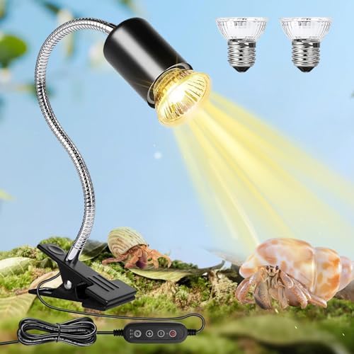 Hermit Crab Heat Lamp, Reptile Heat Lamp with Clamp, Reptile Light with Rotatable Hose and Timer, Suitable for Reptiles Lizard Turtle Tortoise Snake Bearded Dragon Hermit Crab, 2 Bulbs 25W+50W
