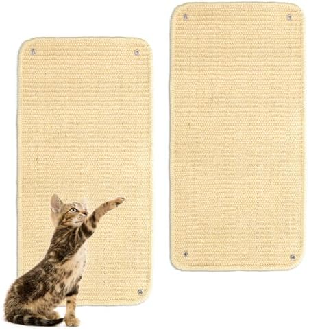 Huakaile Sisal Cat Scratch Pad for Indoor Cats, 19.6" x 9.8" Mountable Cat Wall Scratcher Carpet, Perforated Cat Scratch Furniture Protector for Couch Corner Door Sofa Climbing Hanging (2 Pack)