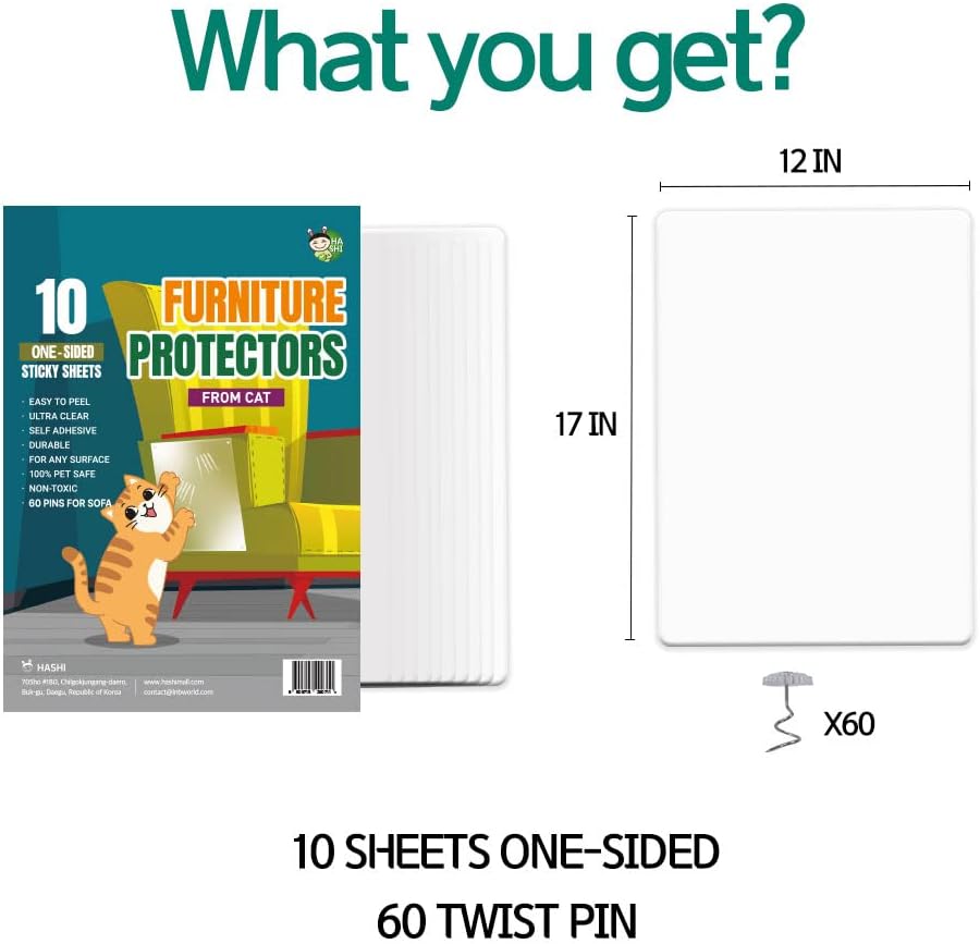 HA SHI Cat Scratch Furniture Protector, Clear, 10 Sheets + 60 Pins