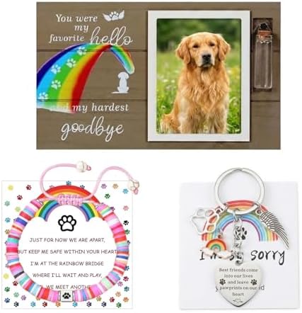 Rainbow Bridge Dog Memorial Gifts for Loss of Dog - Rainbow Bridge Pet Memorial Picture Frame Set with Fur Jar, Bracelet & Keychain - Sympathy Remembrance Keepsake for Pet Lovers