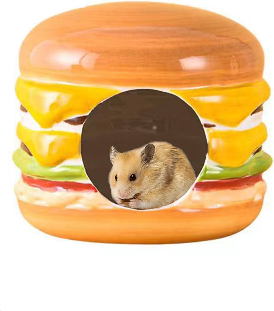 Hamster Hideout Ceramic,Hamburg Shape Funny Small Animal Pet Bed for Hamster,Mini Hut Cave Cage Accessories for Dwarf Hamsters,Gerbils,Small Guinea Pig and Hedgehog
