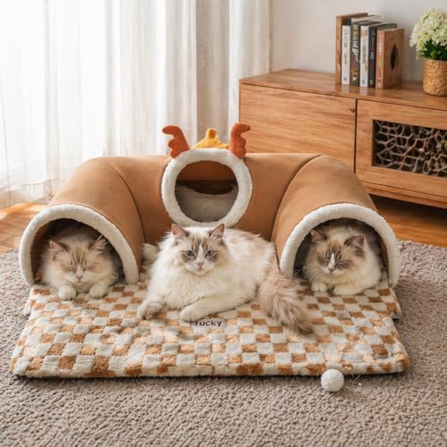 Cat Tunnel Bed for Indoor Cats, Removable Cute Cat Tunnel for Small Large Cats with Plush Balls Toys, Peekaboo Pet Cave Play Tunnel for Kitten, Puppy, Rabbit(Brown,Medium)