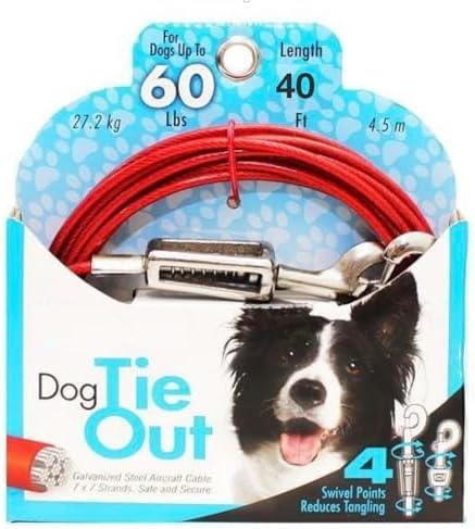 Rocky Mountain Goods Dog Tie Out Cable with Spring (30 Foot) - Steel Tether Wire Dog Cable for Large Dogs up to 60 Pounds - 4 Swivel Points Reduce Tangling - Strong Vinyl - Easy Open Rotating Clips