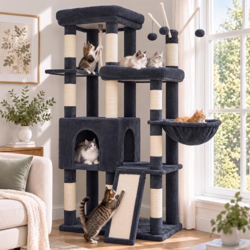Heybly 55.1" Cat Tree with Stable Double Platforms for Indoor Cats HCT053G