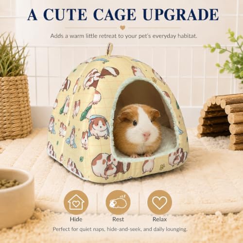 Guinea Pig Hideout Bed 11.8-Inch Cube - Cozy Small Animal House for Guinea Pigs, Chew-Proof Hideaway with Ventilation (Yellow, Adorable Guinea Pig Print)
