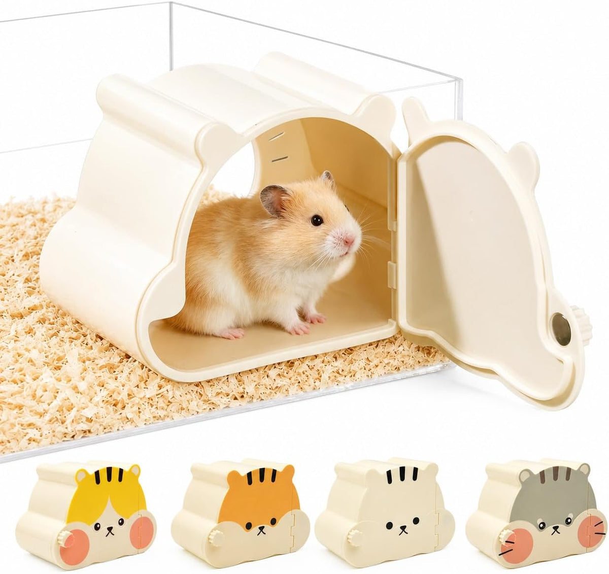 Magnetic Hamster Hideout with Clear Viewing Lid, Mount Hamster House for Syrian Hamsters, Dwarf Hamsters, Gerbils, Mice, Small Animal Hideaway Hut for Acrylic & Wire Cages,Tan Bear4319-1