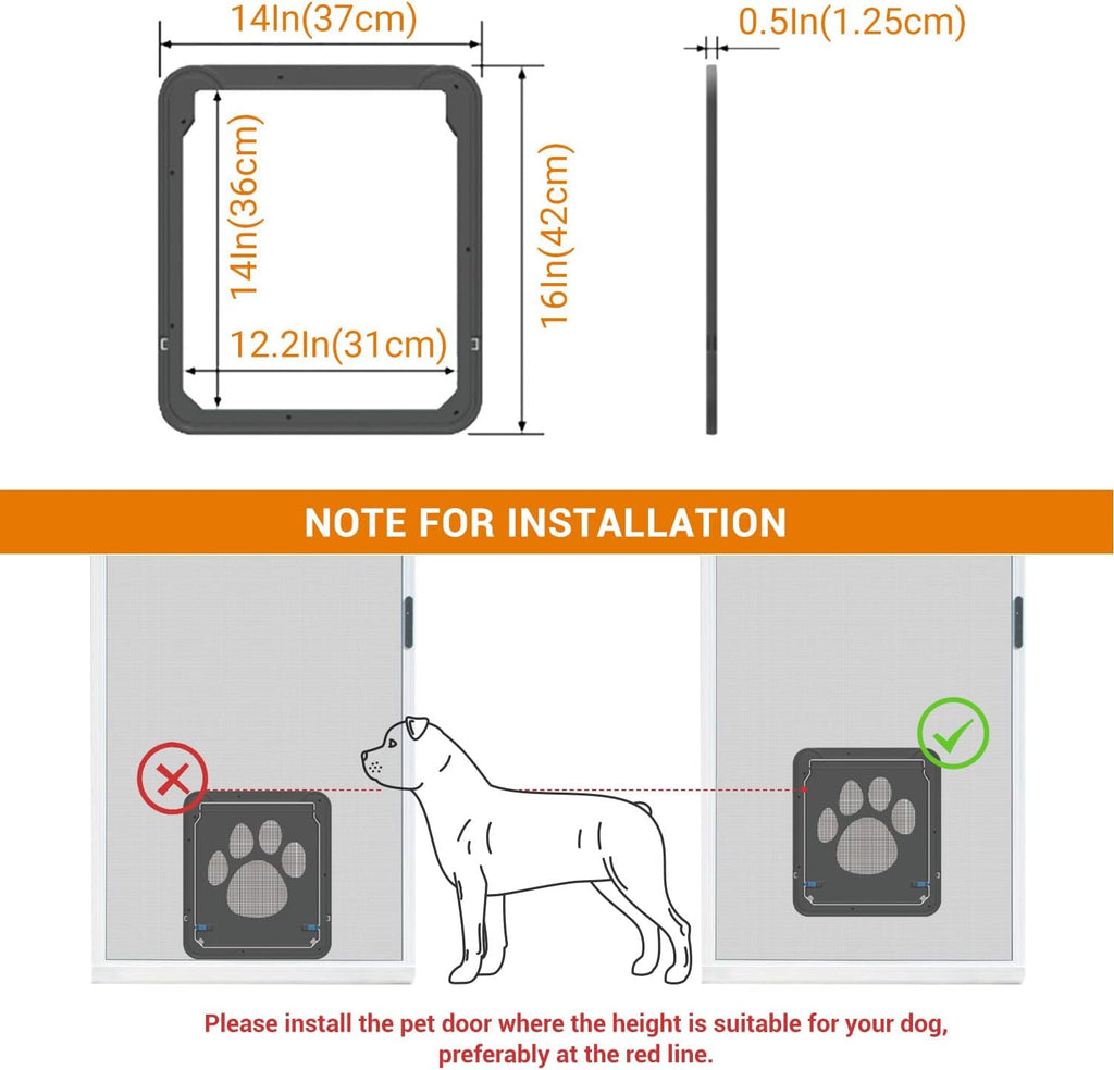 Large Dog Door for Screen Door, Easy Install Lockable Pet Screen Door for Sliding Door, Doggy Screen Door, Gray, Inside size: 14''x12''