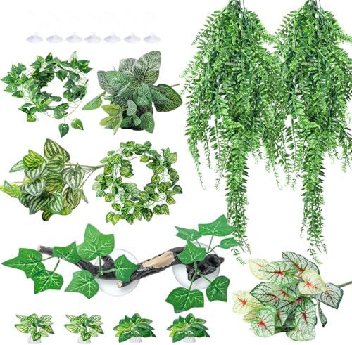 CousDUoBe 12 PCS Reptile Plants Set, Reptile Corner Branch Bearded Dragon Tank Accessories Leopard Gecko Tank Accessories，Terrarium Decorations with Suction Cup