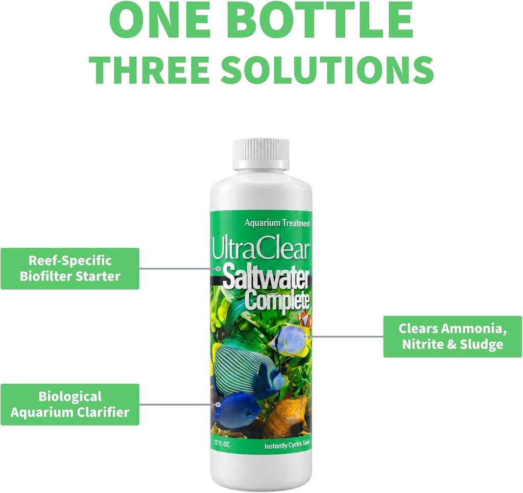 Saltwater Complete Live Nitrifying Bacteria for Reef Aquariums, 3-in-1 Bio Starter, Water Clarifier & Sludge Digester, Removes Ammonia & Nitrite, Reef-Ready in 24-48 Hours, 12 fl oz