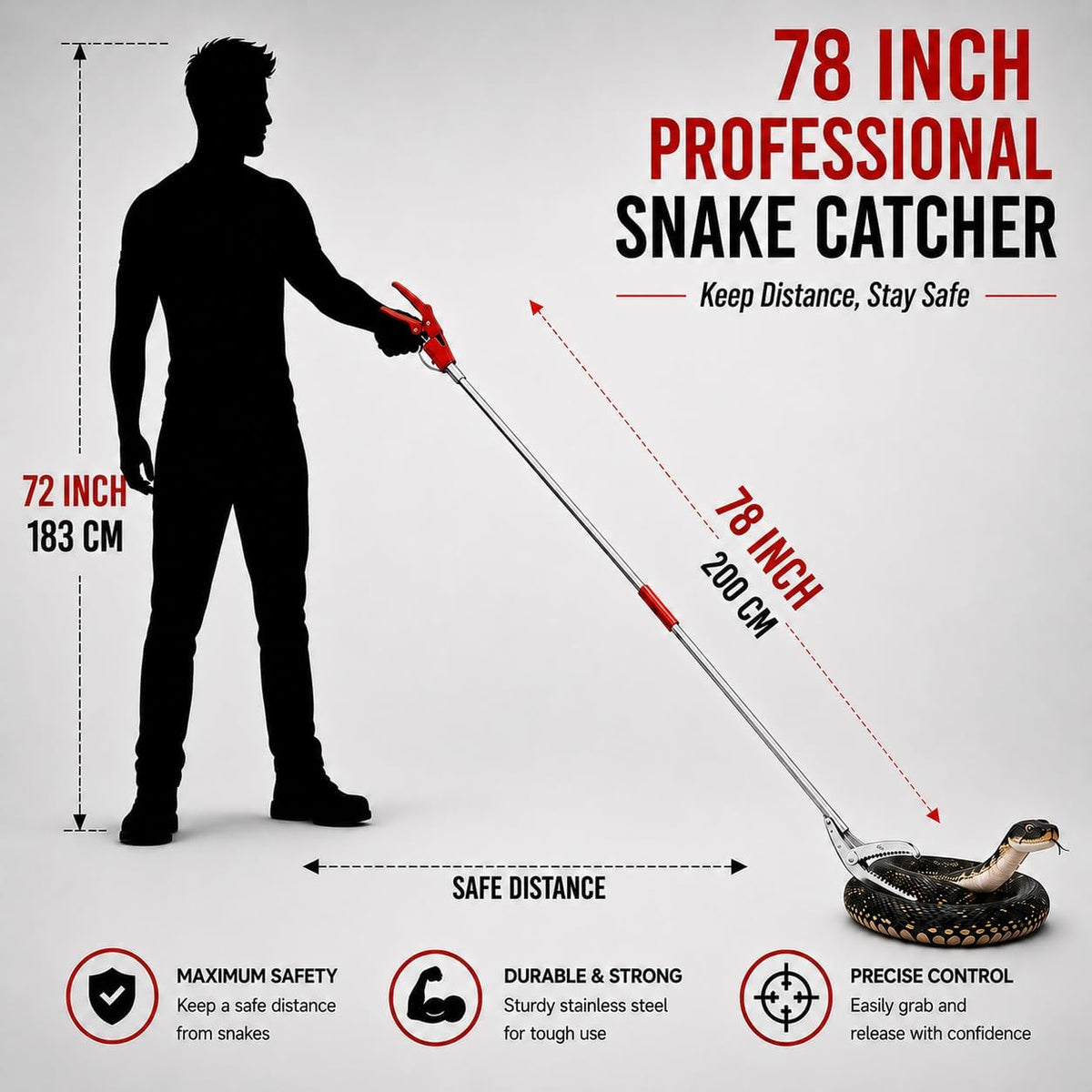 78" Snake Grabber, Collapsible Stainless Steel Snake Catcher with Lock