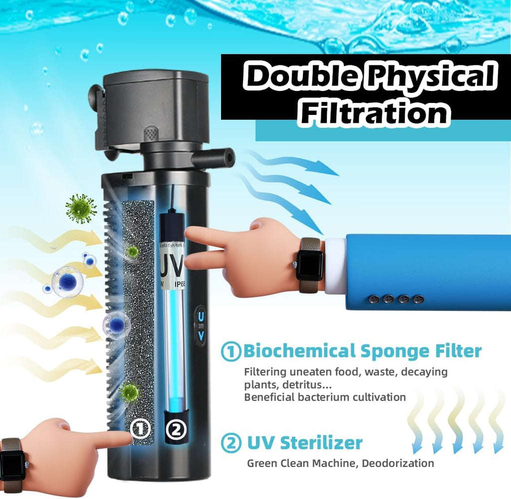 COOSPIDER Aquarium Filter with 7W U-V Light 300GPH for 75-200 Gallon Tank