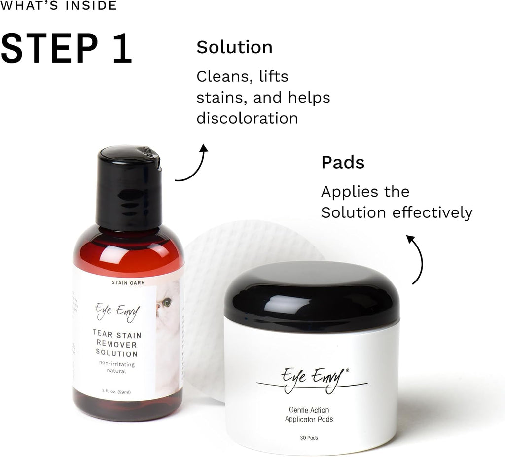 Eye Envy Cat Tear Stain Remover Starter Kit with ProPowder Brush. Stain Solution, Applicator Pads, Stain Powder, and Small Applicator Brush. Tear Stain Cleaning Kit. Lasts 30-45 Days. Made in USA.