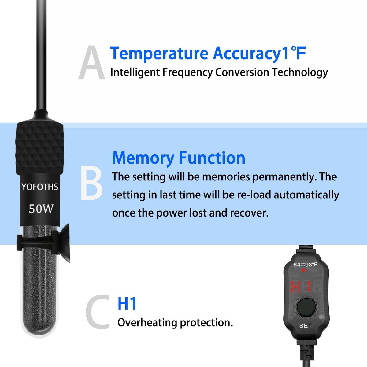 YOFOTHS Adjustable Mini Aquarium Heater, 50W for Tanks 5-10 Gallons