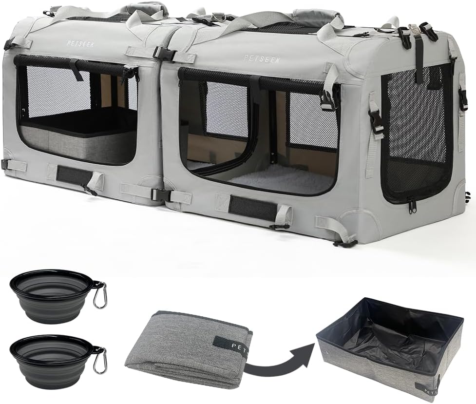 Extra Large Cat Carrier Soft Sided, Portable Small Dog Carrier for 2 Cats, 24"x16.5"x16" Car Travel Folding Comfortable Design with Litter Box and Bowls, Grey-2+ Litter Box+ Bowl*2