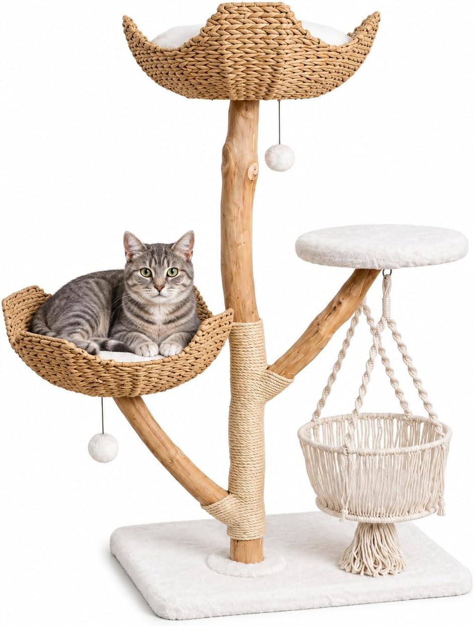 Modern Natural Wood Cat Tree – 45.3-Inch Stable Multi-Level Cat Tower