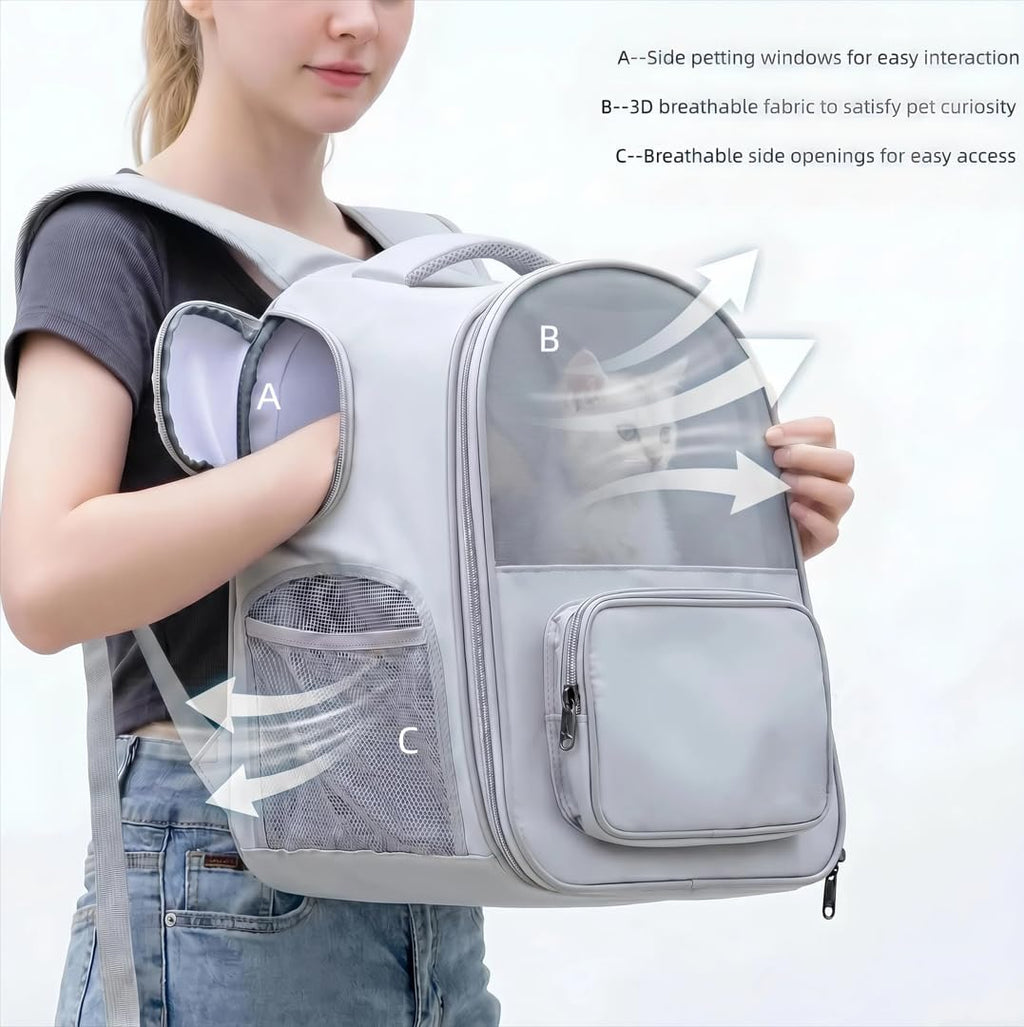 Expandable Cat Backpack Carrier with Interactive Side Petting Openings