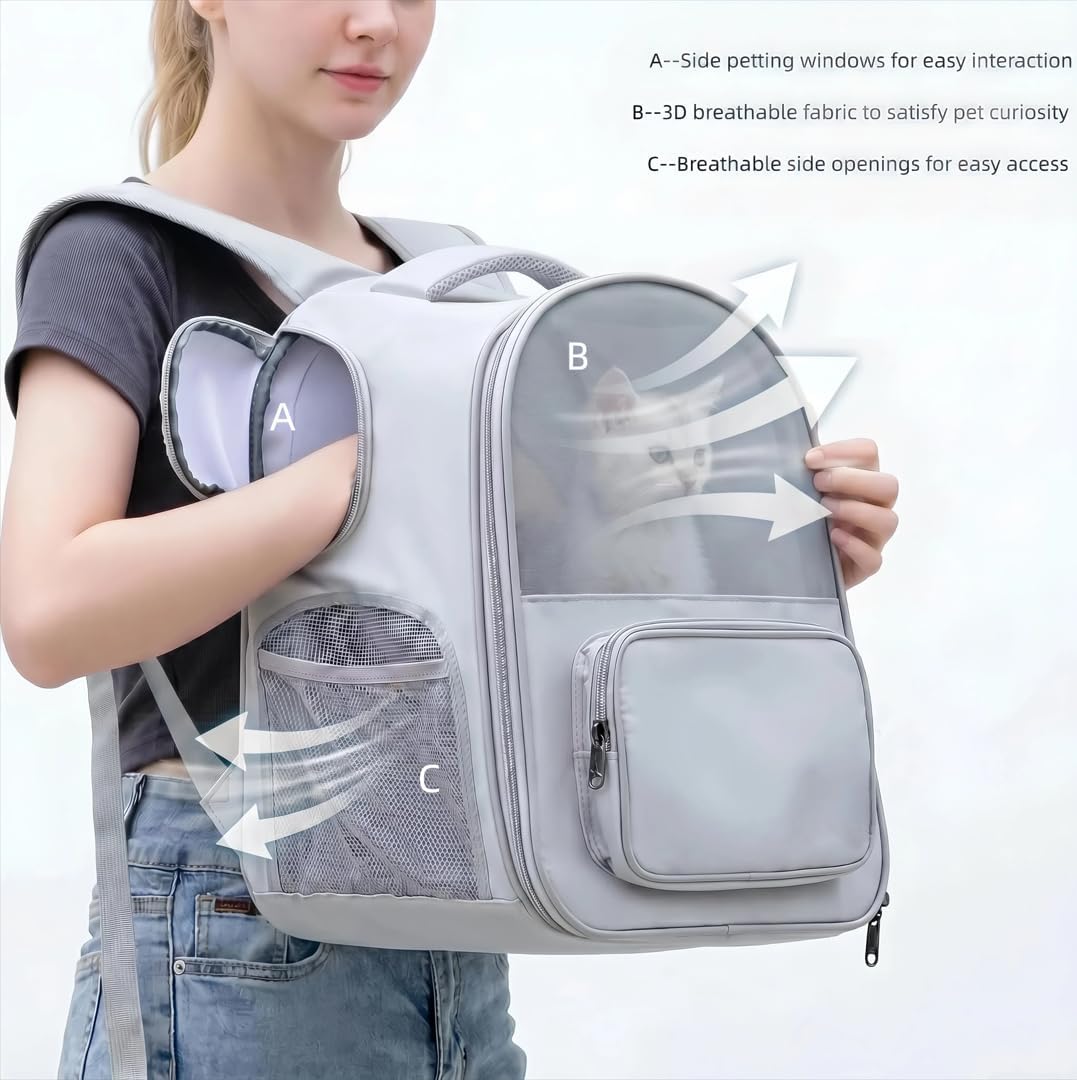 Expandable Cat Backpack Carrier with Interactive Side Petting Openings
