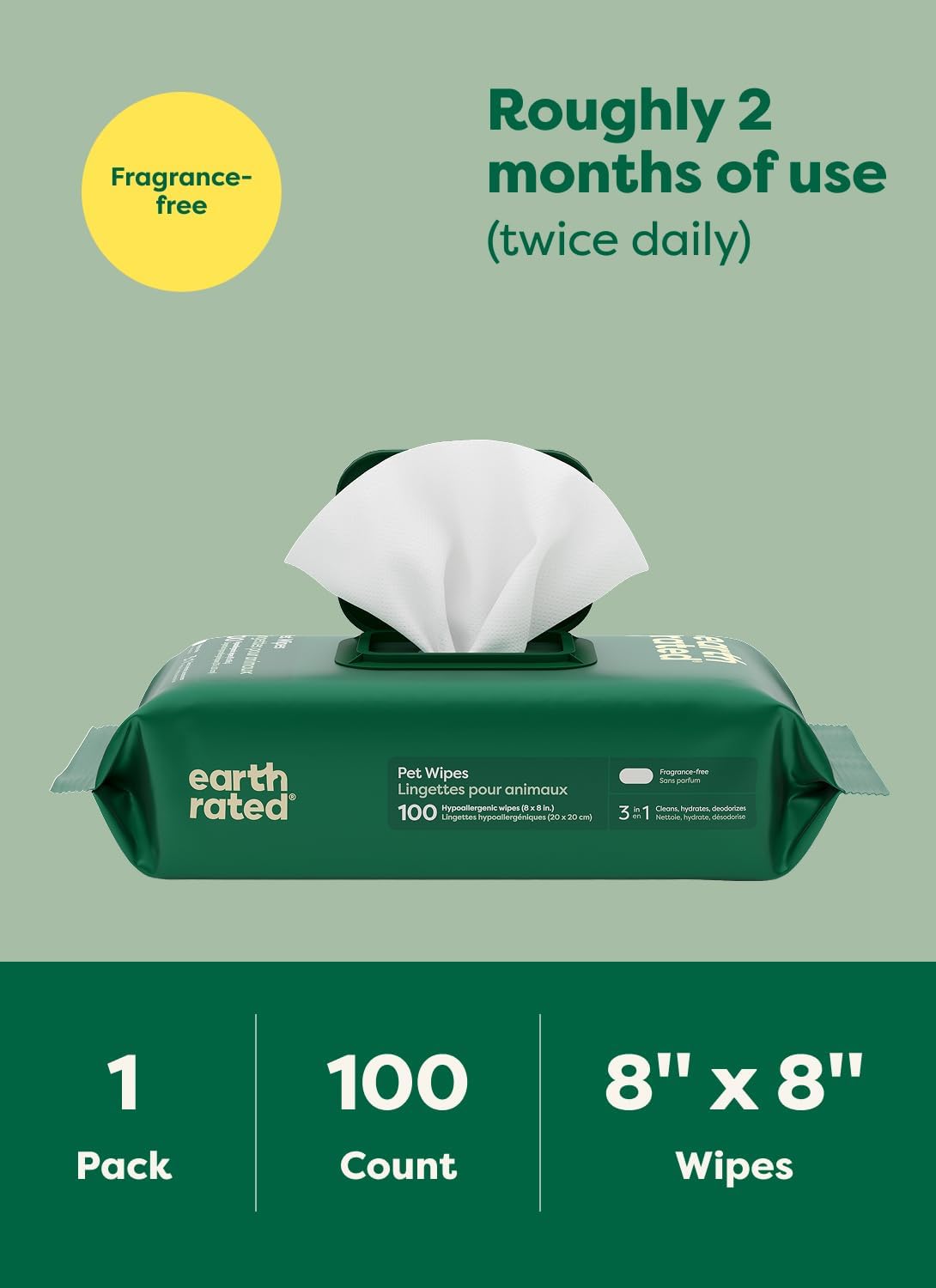 Earth Rated Dog Wipes for Paws & Butt, Deodorizing, Unscented, 200ct