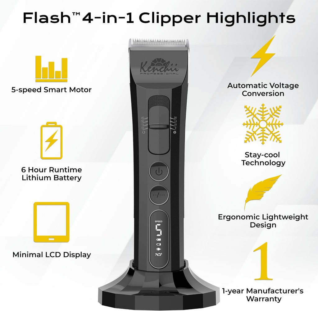 Kenchii Flash Cordless Dog Grooming Clipper, 4-in-1 Blade, White