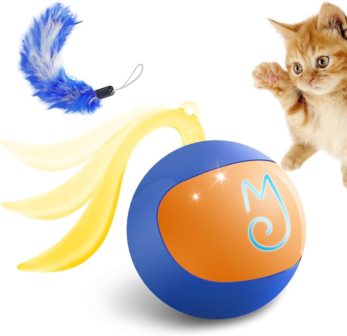 Migipaws Interactive Cat Ball Toy Set, Fun Tracker, Automatic Rolling Chase Ball with Fluffy Tail, A Small Mice, Rechargeable (White)
