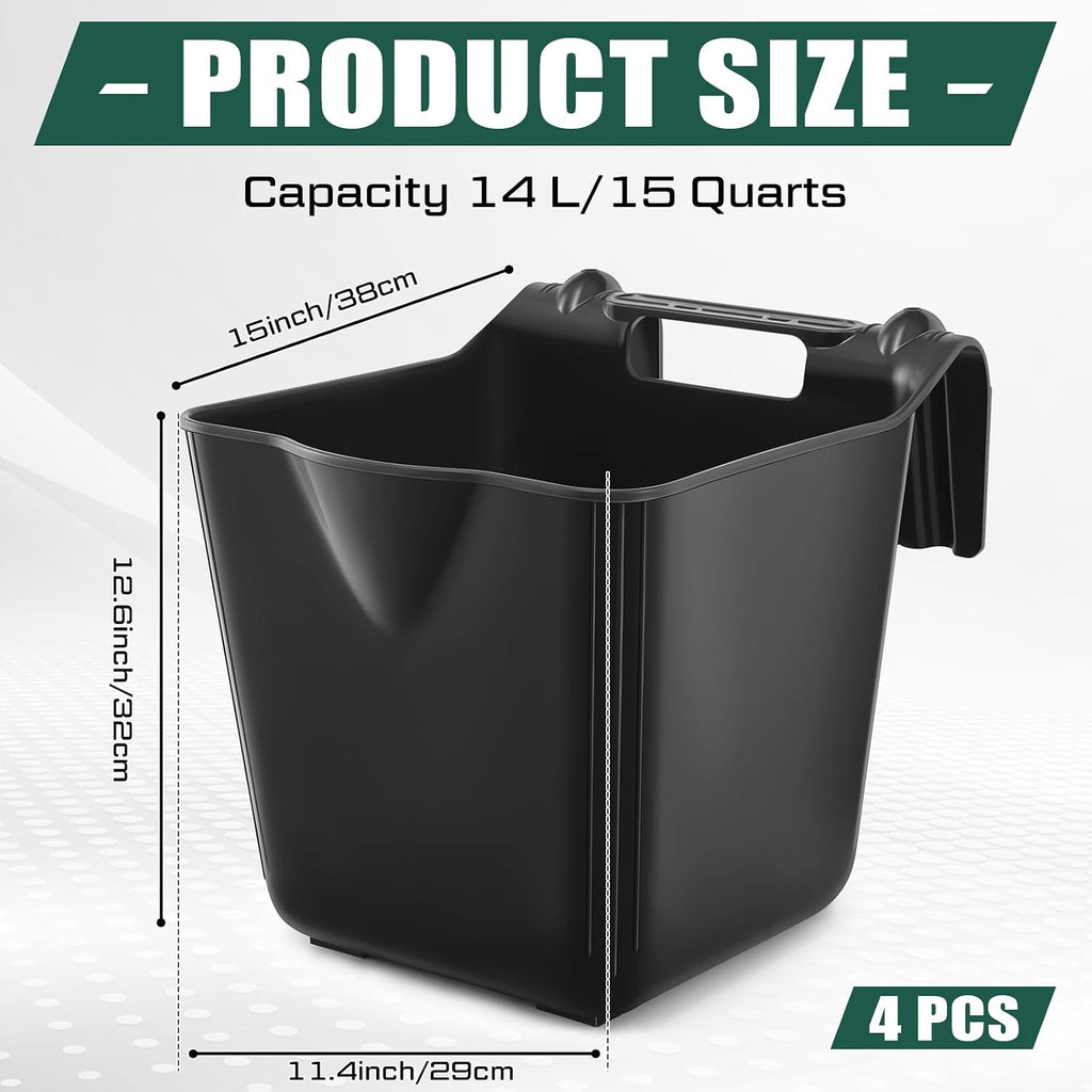 4 Pcs 15 Quart Plastic Hook Over Horse Feed Bucket for Stall Fence, Black