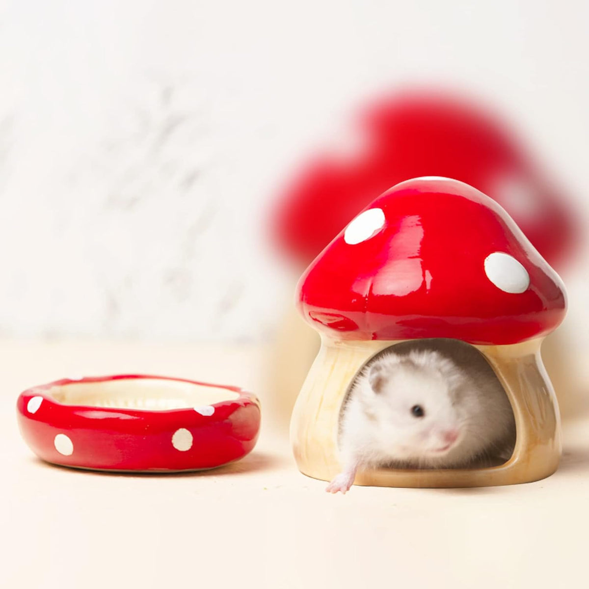 Ceramic Mushroom Hamster Hideout with Food Bowl, Small Animal House(Red)