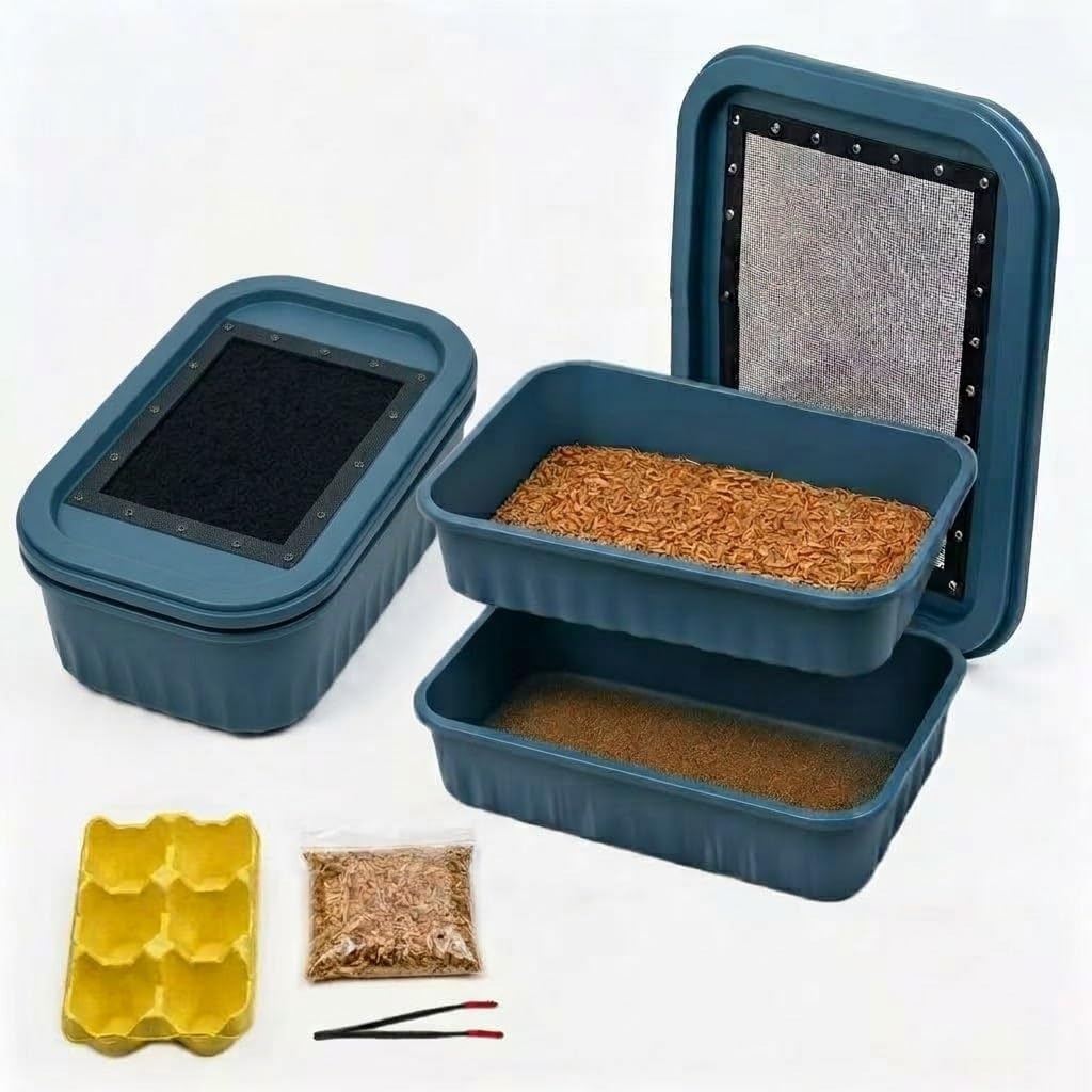 Mealworm Breeding Kit - 3-Layer Worm Farm Container with Sifting Tray for Live Mealworms, Superworms & Reptile Feeder Insects-2Pack
