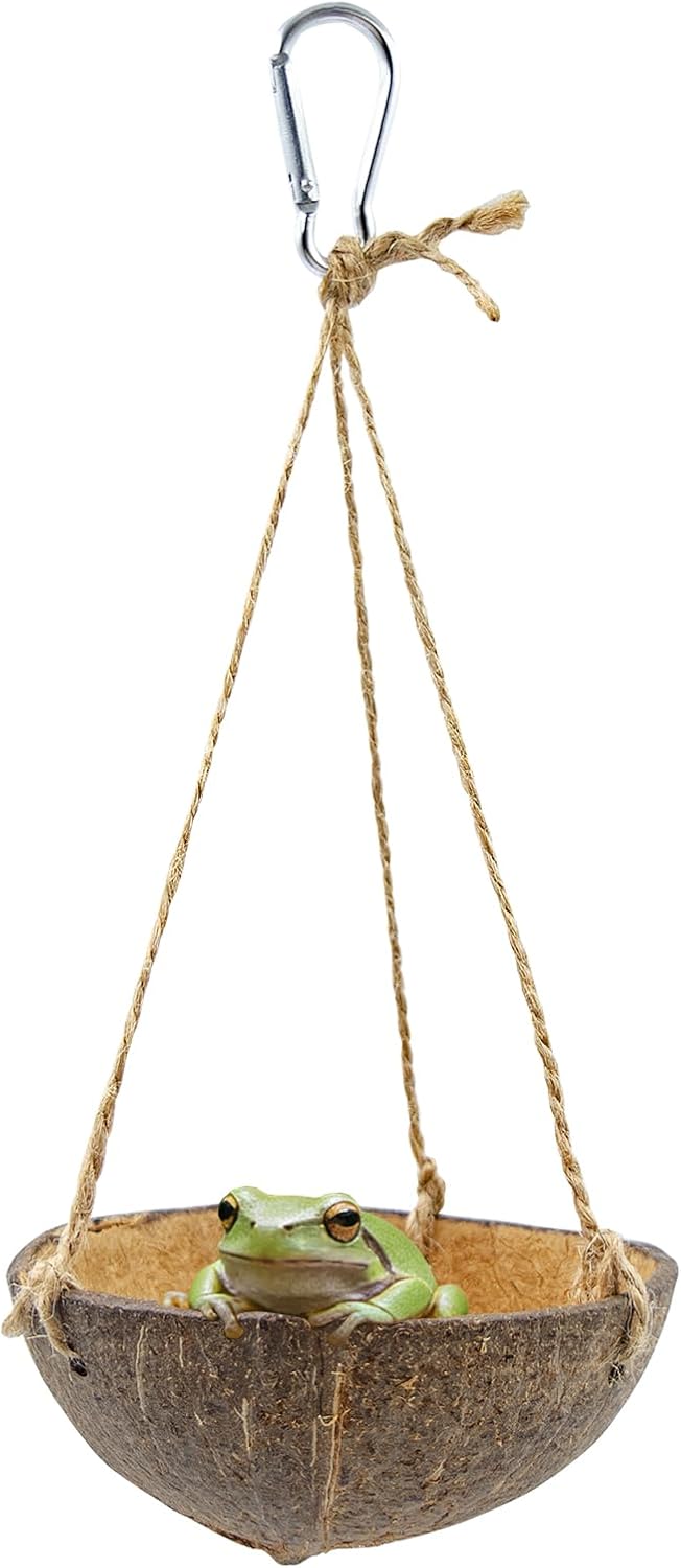 Natural Coconut Shell Frog Swing Toy, Reptile Hammock Bed with Hanging Rope & Metal Buckle, Terrarium Habitat Decor Accessories for Lizard Gecko Bearded Dragon Hamster Birds Hermit Crab Bearded Dragon