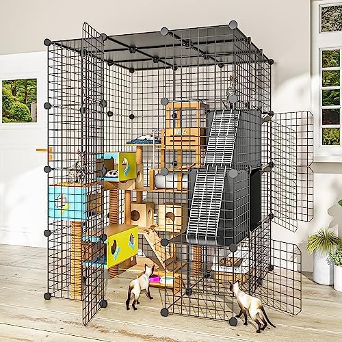 PAWING Large Cat Cage Indoor - Metal Wire Cat Enclosure with Storage Cube, Detachable Kitty Cage with Platform for 1-3 Cats, 3x3x4 Spacious Cat Kennel