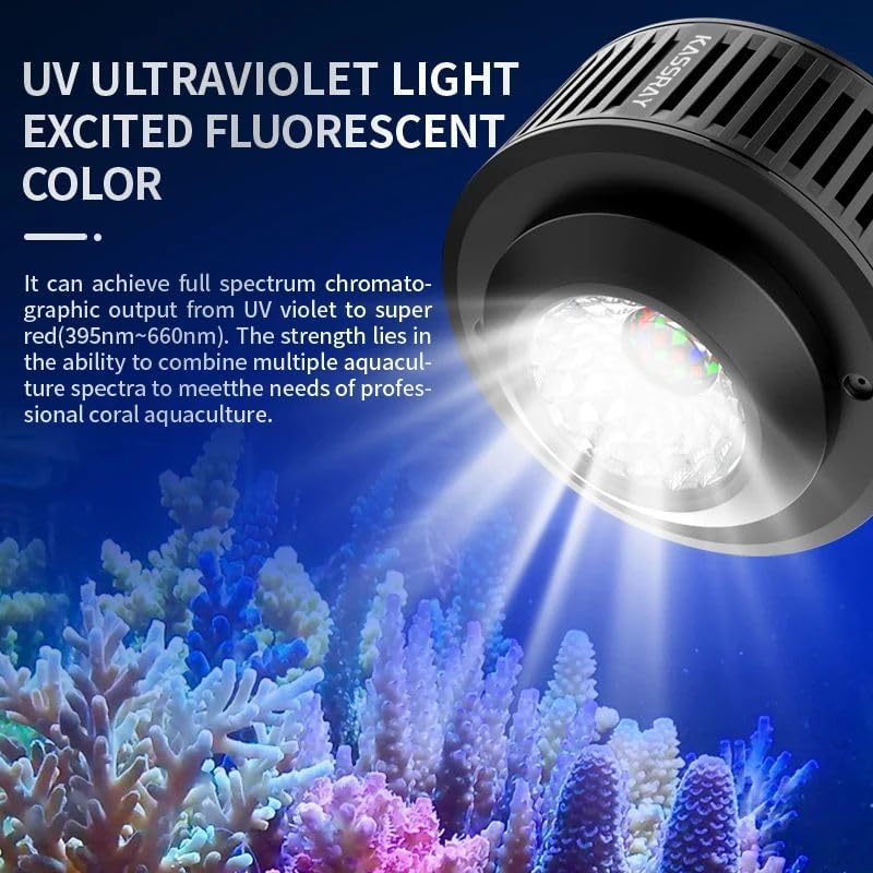KASSRAY V9 with Cable‑Hiding Stand 96W Full Spectrum Reef Coral Light, 70° & 90° Replaceable Lenses, 6‑Channel Dimmable Saltwater Light for Coral Growth & Color Enhancement, for LPS SPS Reef Tank