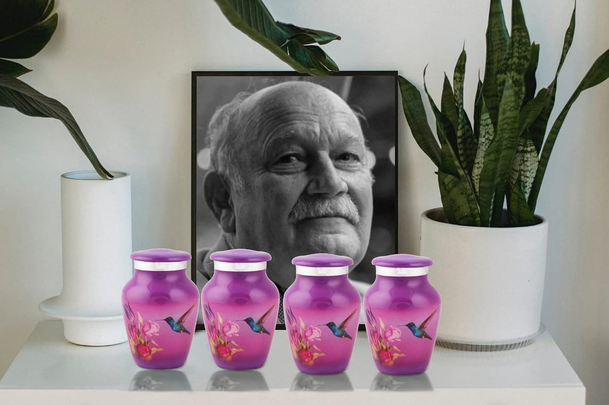 Bold & Divine Purple Hummingbird Keepsake Urn for Ashes | Set of 4 | 3.5 Cubic Inch | Keepsake Urn for Sharing The Ashes of a Loved One