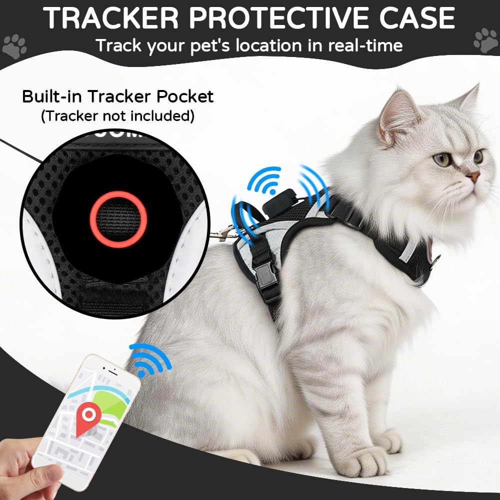Cat Harness and Leash Set with Holder Compatible with AirTag, Upgraded Escape Proof Adjustable Vest Lead for Large Cat Small Dog Walking, Soft Breathable Mesh Jacket with Reflective Strips, Black, L