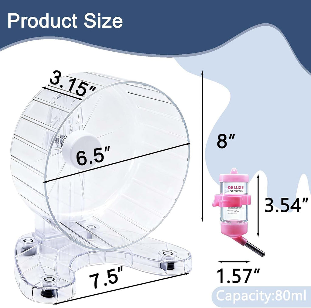 6.5" Hamster Exercise Wheel with Drinking Bottle, Hamster Exercise Wheel for Gerbils, Syrian & Dwarf Hamsters, Chinchillas, Hamster Running Wheel Noiseless Spinning Design for Other Small Pets, Clear