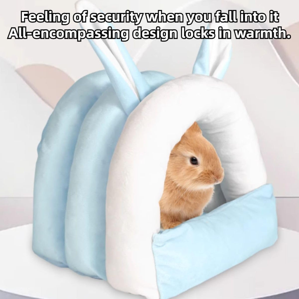 Adorable Bunny Bed Guinea Pig Hideout Warm Rabbit House Soft Cave Tent Washable Small Animal Nest (Blue)