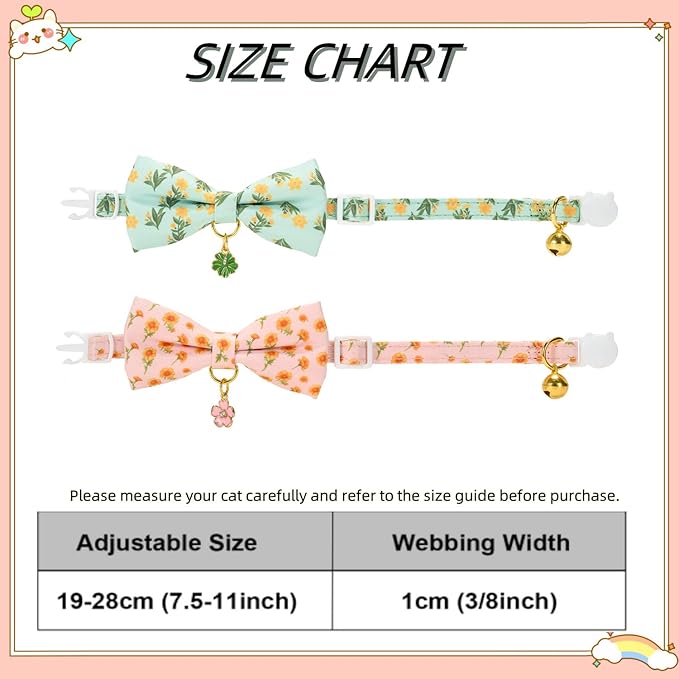 2 Pack Floral Cat Collars with Bow Tie and Bell Adjustable Breakaway Bowtie - Image 6