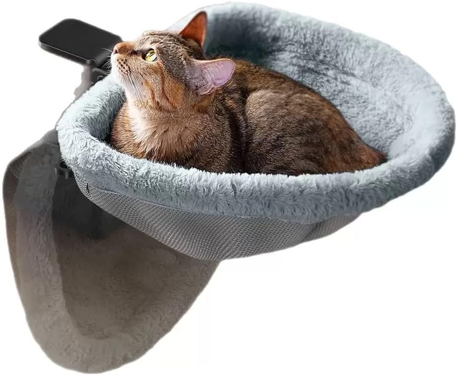 Cat Desk Bed-Extra-Large Clamp & Sunken Hammock Design,Soft Faux Rabbit Fur Material,One-Click Folding,Suitable for Various Desktops, Holds Up to 40lbs(Gray