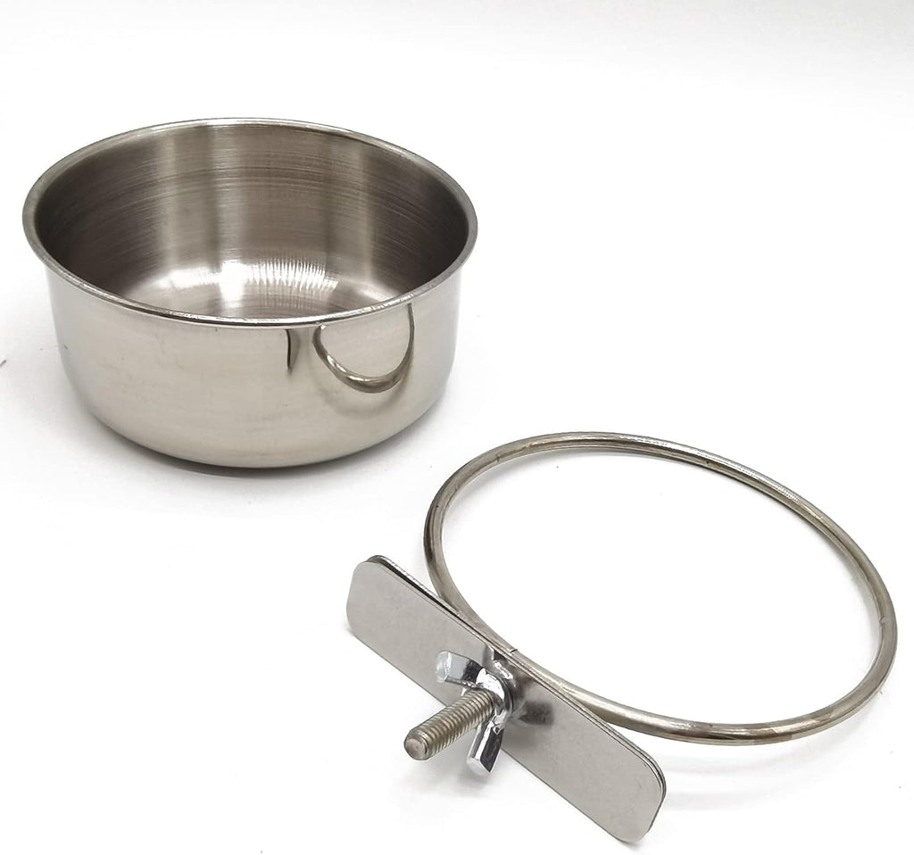 RONYOUNG 2PCS Bird Feeding Dish Cups with Spoon, Parrot Food Bowl Clamp Holder - Stainless Steel Coop Cup, Bird Cage Water Bowl for Parakeet African Greys Conure Cockatiels Lovebird Budgie Chinchilla