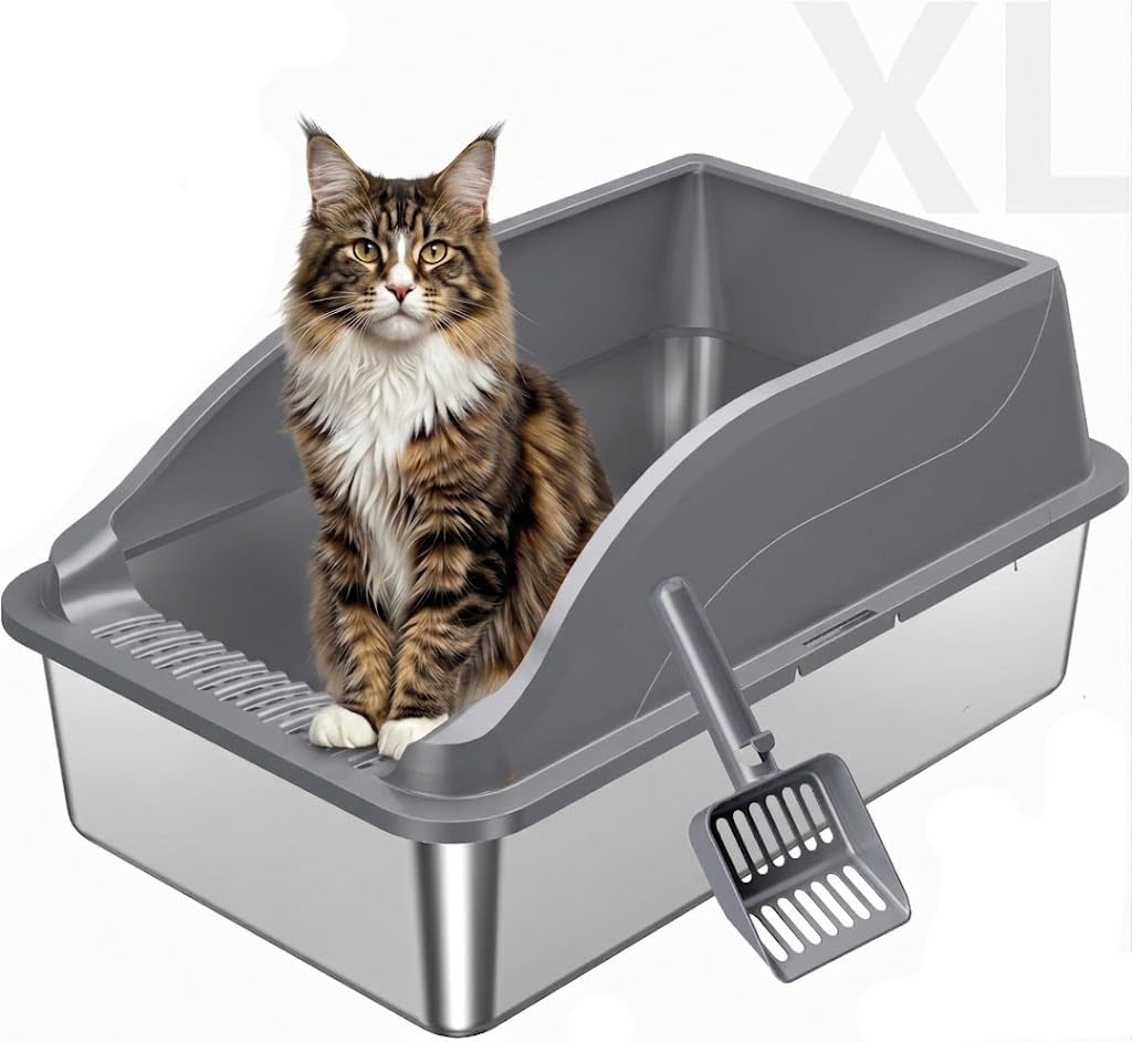 Stainless Steel Cat Litter Box, Extra Large XL Metal LitterBox, Light Grey