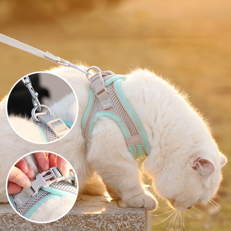 Cat Harness and Leash Set Soft Adjustable Escape Proof Cat Leash Breathable Comfortable Vest Easy to Wear Kitten/Small Dogs Harness for Outdoor Walking Green l