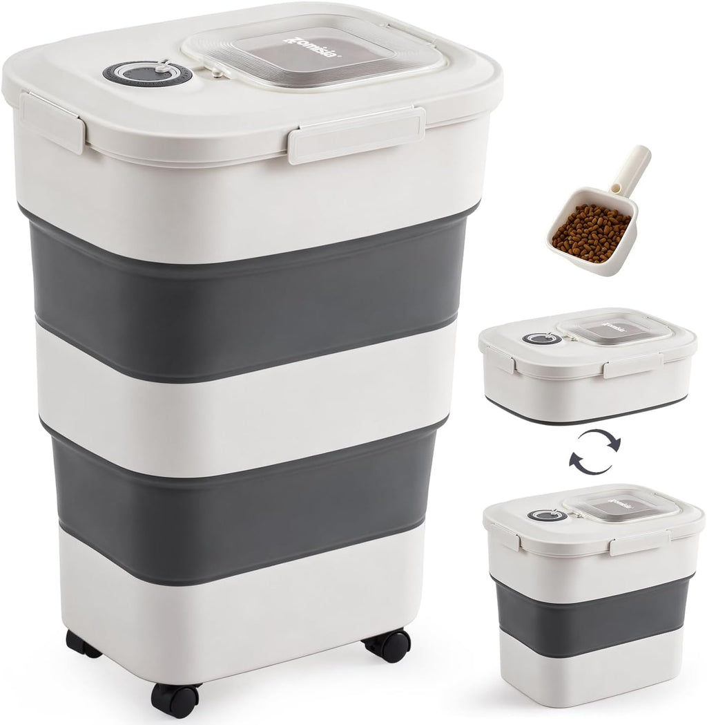 40-50lbs Collapsible Dog Food Storage Container with Wheels, Grey