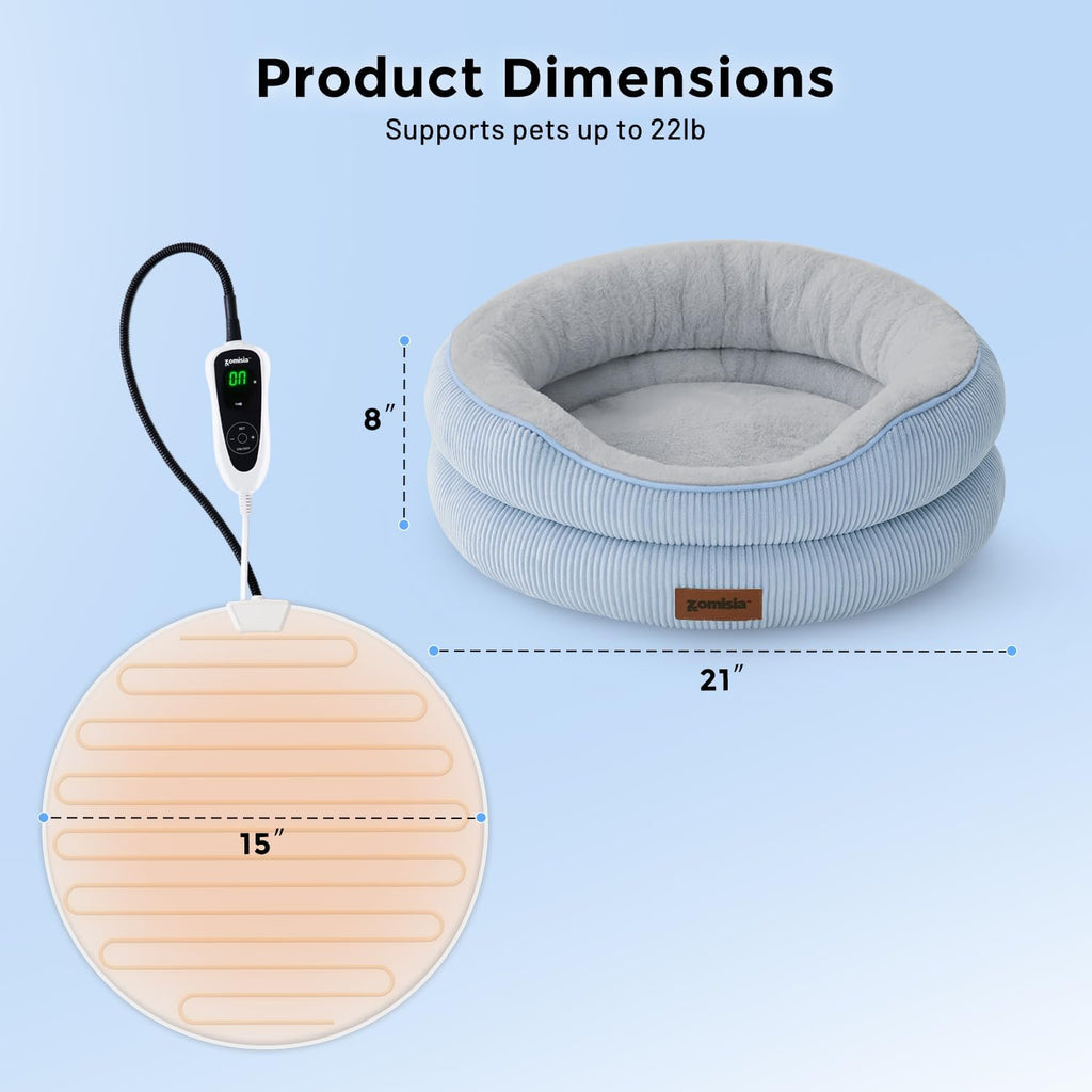 ZOMISlA Heated Cat Bed for Indoor Cats, 25 Timer & 11 Temp Adjustable, Grey