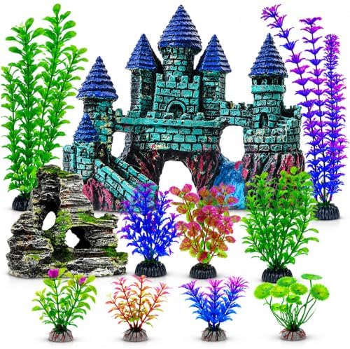 Mechpia 13 Pieces Aquarium Decorations Kit, Fish Tank Decorations Set Small Resin Castle and Rockery Betta Fish Cave Hideout Coral Artificial Plastic Plants Ornament Accessories